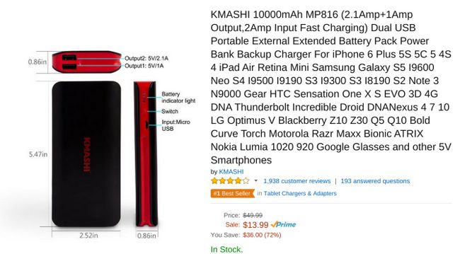 Fotografía - [Trato Alerta] Compacto KMASHI 10000mAh batería externa debajo de $ 10 en Amazon Después Cupón